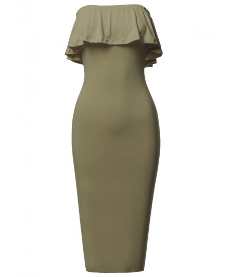 Women's Soft Stretch Solid Ruffle Strapless Tube Midi Bodycon Dress