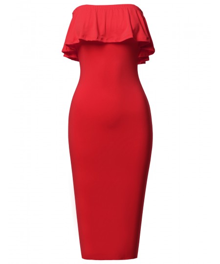 Women's Soft Stretch Solid Ruffle Strapless Tube Midi Bodycon Dress