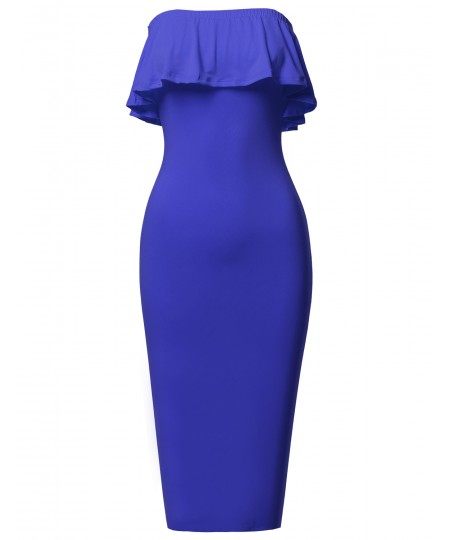 Women's Soft Stretch Solid Ruffle Strapless Tube Midi Bodycon Dress