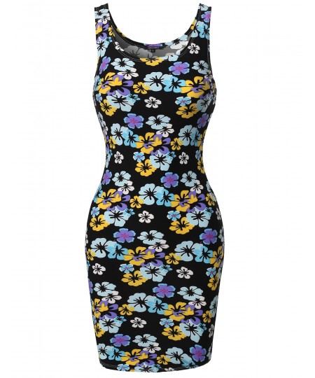 Women's Lightweight Soft Stretch Floral Sleeveless Bodycon Mini Dress