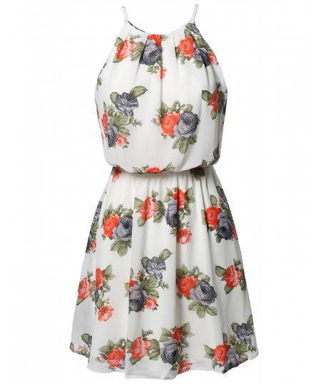 Women's Floral Strappy Elastic Waistband Lined Chiffon Mini Dress