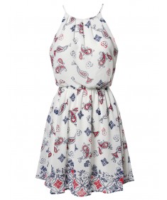Women's Paisley Strappy Elastic Waistband Lined Chiffon Mini Dress