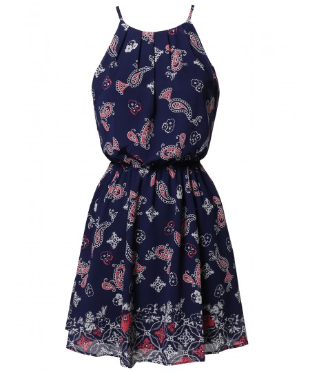 Women's Paisley Strappy Elastic Waistband Lined Chiffon Mini Dress