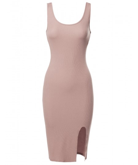 Women's Solid Soft Stretch Ribbed Sleeveless Slit Body-Con Midi Dress