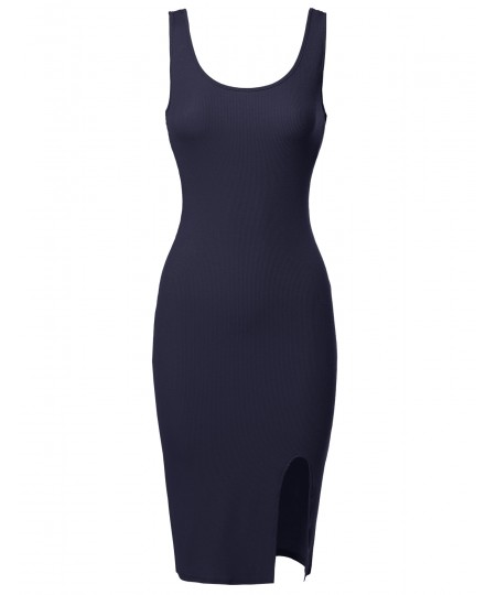 Women's Solid Soft Stretch Ribbed Sleeveless Slit Body-Con Midi Dress