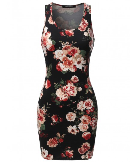 Women's Casual Floral Fitted Sleeveless Racerback Bodycon Mini Dress