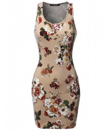 Women's Casual Floral Fitted Sleeveless Racerback Bodycon Mini Dress