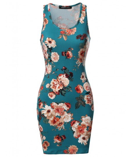 Women's Casual Floral Fitted Sleeveless Racerback Bodycon Mini Dress