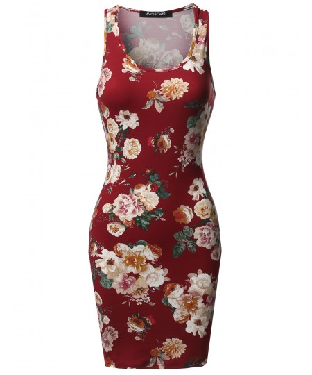 Women's Casual Floral Fitted Sleeveless Racerback Bodycon Mini Dress