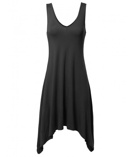 Women's Solid Soft Stretch V-neck Sleeveless Trapeze Asymmetrical Dress