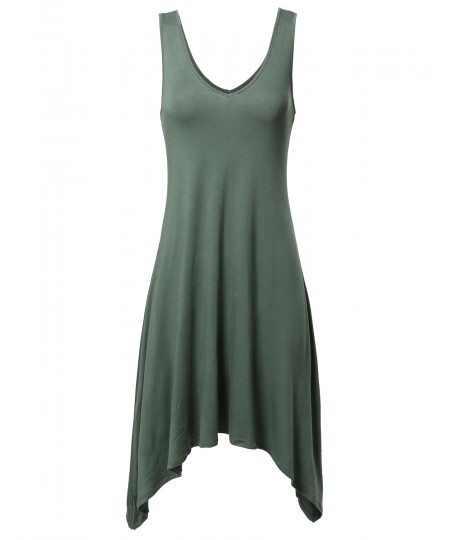 Women's Solid Soft Stretch V-neck Sleeveless Trapeze Asymmetrical Dress