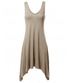 Women's Solid Soft Stretch V-neck Sleeveless Trapeze Asymmetrical Dress