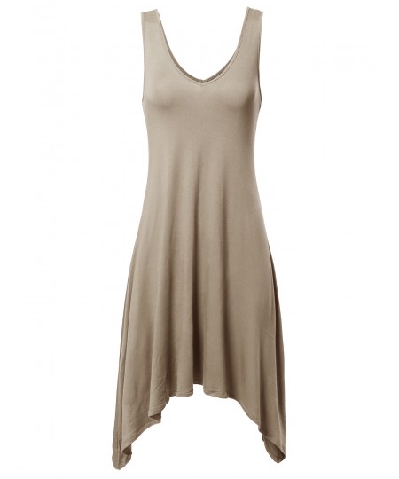 Women's Solid Soft Stretch V-neck Sleeveless Trapeze Asymmetrical Dress