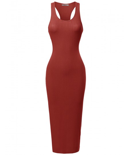 Women's Solid Soft Stretch Ribbed Sleeveless Racerback Midi Bodycon Dress