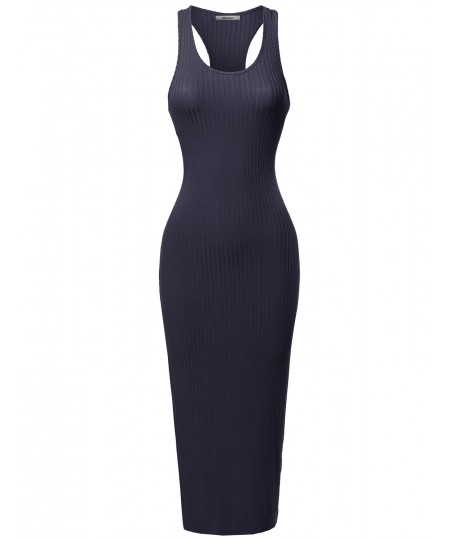 Women's Solid Soft Stretch Ribbed Sleeveless Racerback Midi Bodycon Dress