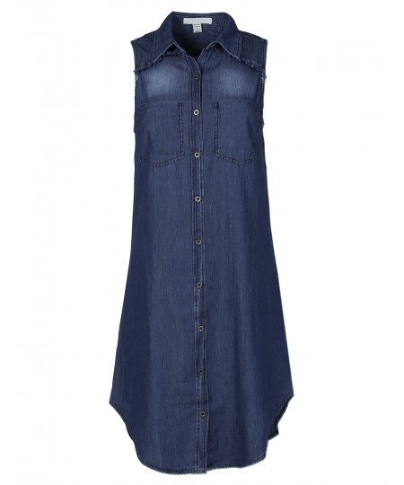 Women's Soft Denim Chambray Sleeveless Fringe Button Down Dress Shirt Top