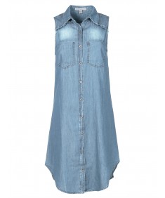 Women's Soft Denim Chambray Sleeveless Fringe Button Down Dress Shirt Top