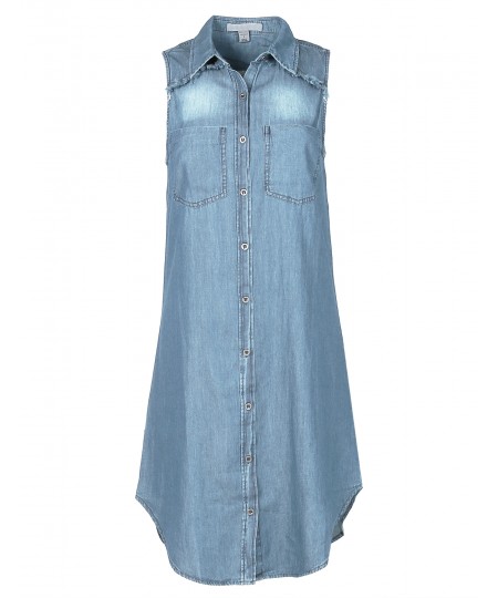 Women's Soft Denim Chambray Sleeveless Fringe Button Down Dress Shirt Top