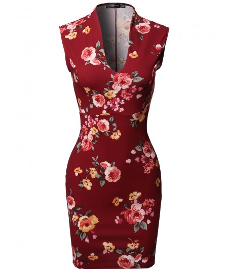 Women's Floral Print Sleeveless Deep V-neck  Body-Con Mini Dress