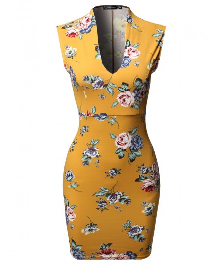 Women's Floral Print Sleeveless Deep V-neck  Body-Con Mini Dress