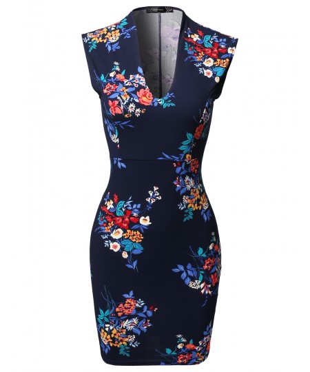 Women's Floral Print Sleeveless Deep V-neck  Body-Con Mini Dress