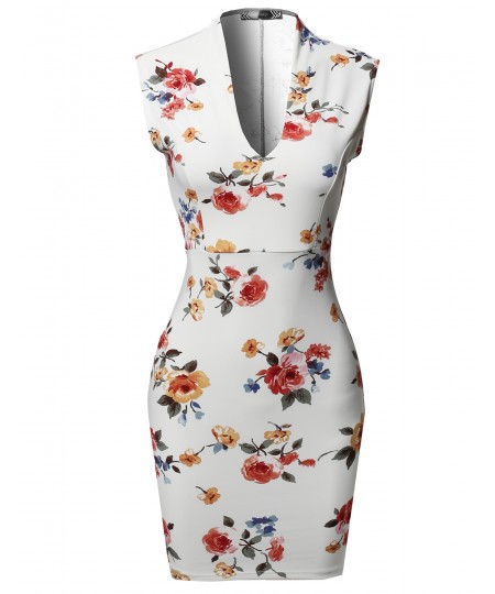 Women's Floral Print Sleeveless Deep V-neck  Body-Con Mini Dress