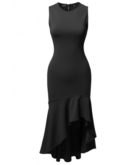 Women's Sleeveless Flare with Ruffle Hemline Body-Con High Low Dress