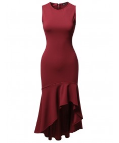 Women's Sleeveless Flare with Ruffle Hemline Body-Con High Low Dress