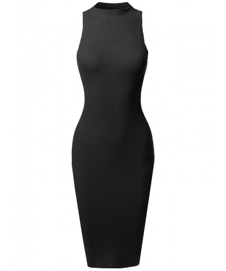 Women's Sleeveless High Neck Stretch Rib Sexy Body-Con Dress