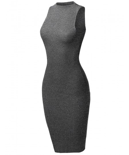 Women's Sleeveless High Neck Stretch Rib Sexy Body-Con Dress