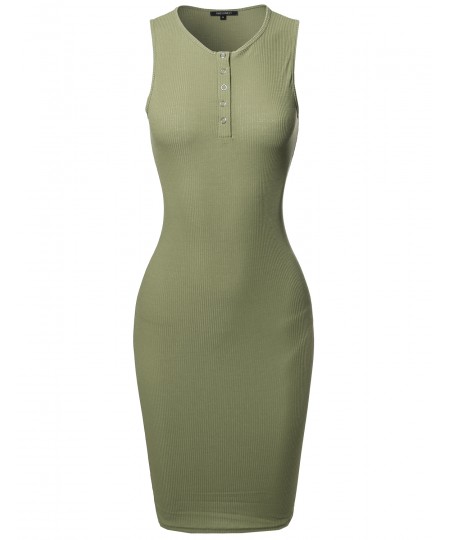 Women's Casual Sleeveless Ribbed Knit Body-Con Henley Dress