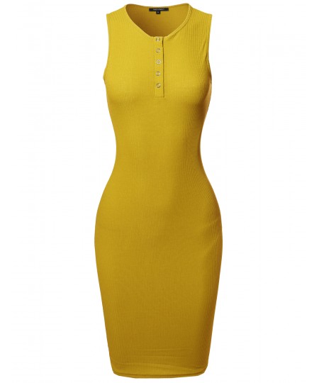 Women's Casual Sleeveless Ribbed Knit Body-Con Henley Dress
