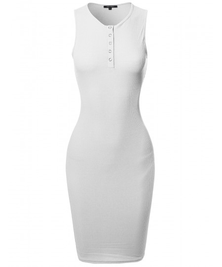 Women's Casual Sleeveless Ribbed Knit Body-Con Henley Dress
