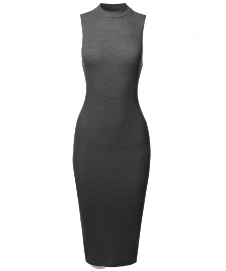 Women's Solid Sleeveless Mock Neck Stretch Ribbed Sexy Body-Con Dress
