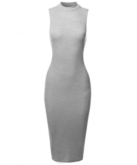 Women's Solid Sleeveless Mock Neck Stretch Ribbed Sexy Body-Con Dress
