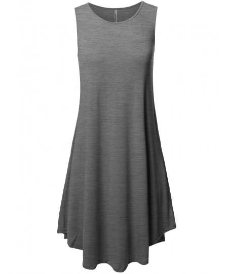 Women's Solid Premium Fabric Round Neck Sleeveless Round Hem Dress with Side Pocket