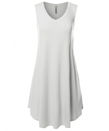 Women's Solid Premium Fabric V-Neck Sleeveless Round Hem Dress with Side Pocket