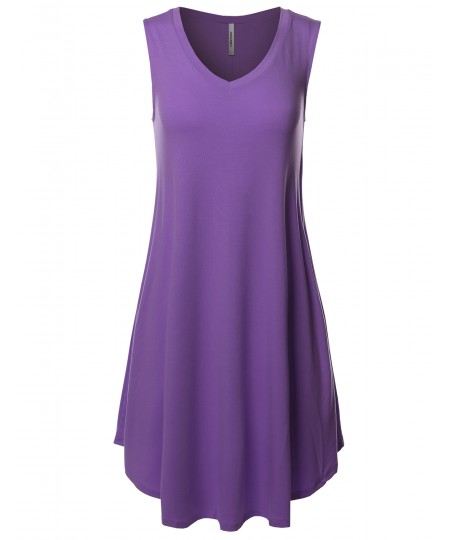 Women's Solid Premium Fabric V-Neck Sleeveless Round Hem Dress with Side Pocket