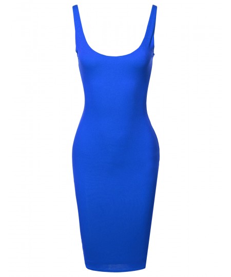 Women's Solid Deep Scoop Neck Sleeveless Body-Con Midi Dress - Made in USA