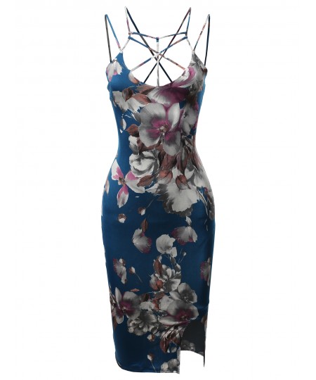 Women's Floral Spaghetti Spider Web Strap Body-Con Midi Dress - Made in USA