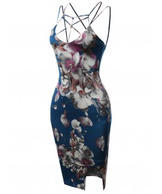 Women's Floral Spaghetti Spider Web Strap Body-Con Midi Dress - Made in USA