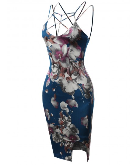 Women's Floral Spaghetti Spider Web Strap Body-Con Midi Dress - Made in USA