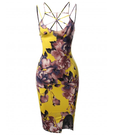 Women's Floral Spaghetti Spider Web Strap Body-Con Midi Dress - Made in USA