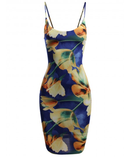 Women's Floral Spaghetti Strap Body-Con Midi Dress - Made In USA