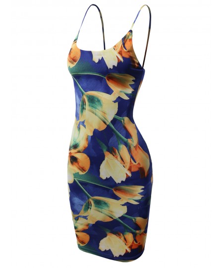 Women's Floral Spaghetti Strap Body-Con Midi Dress - Made In USA