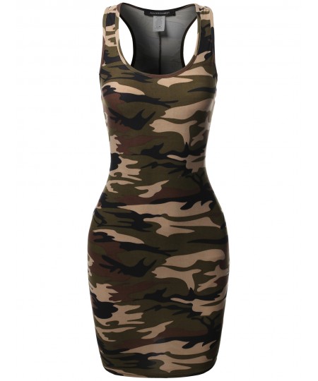 Women's Floral or Camouflage Printed Sexy Body-Con Racer-Back Mini Dress