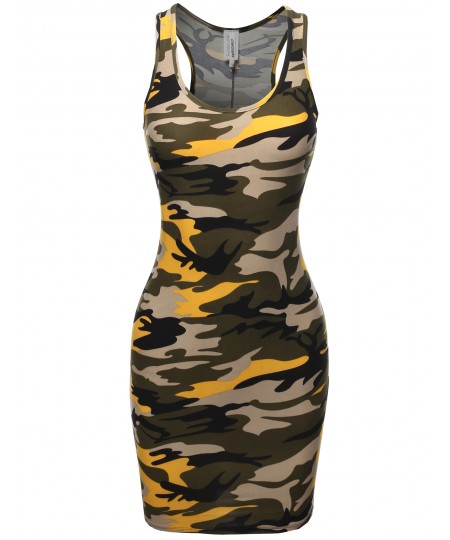 Women's Floral or Camouflage Printed Sexy Body-Con Racer-Back Mini Dress