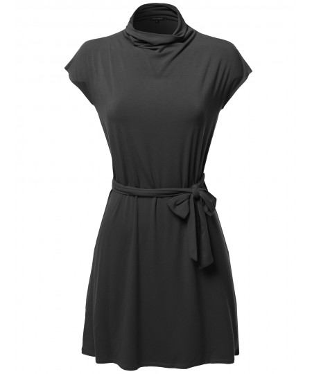 Women's Casual Solid Loosed Mock Neck Cap Sleeves Belted Dress