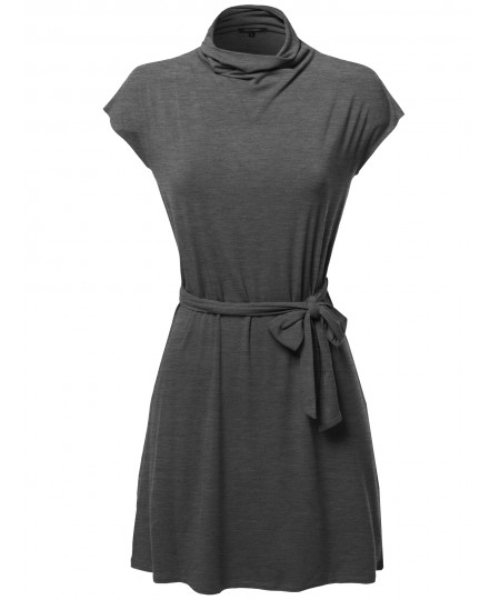 Women's Casual Solid Loosed Mock Neck Cap Sleeves Belted Dress