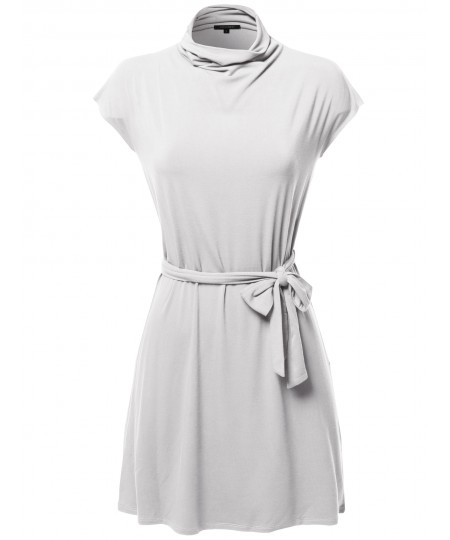 Women's Casual Solid Loosed Mock Neck Cap Sleeves Belted Dress